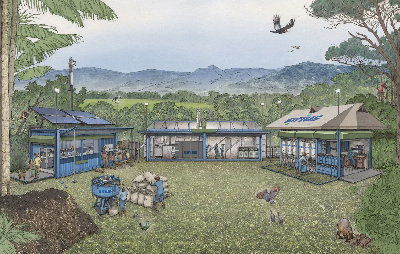 Ilustración de la biofábrica de Sirius entre la selva y las montañas